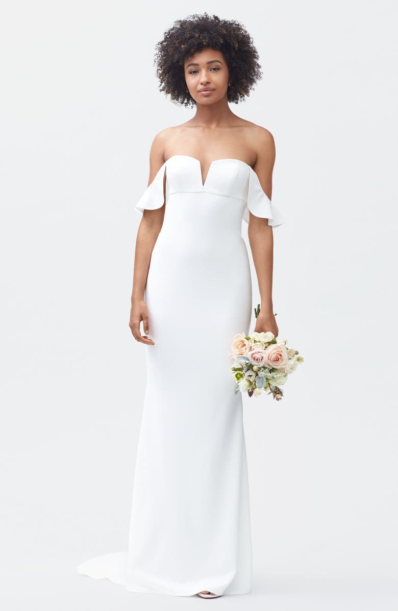 Noel and Jean by Katie May Nautilus Ruffled Off the Shoulder Crepe Mermaid Gown, Alternate, color,