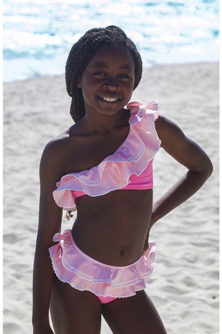 One-Shoulder Tiered Ruffle One-Shoulder with Ric-Rac Detail Two-Piece Bikini, Alternate, color, Pink