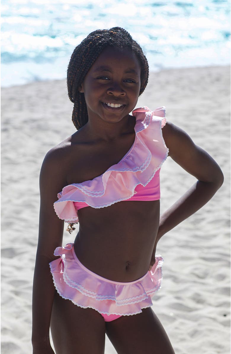 NESSI BYRD One-Shoulder Tiered Ruffle One-Shoulder with Ric-Rac Detail Two-Piece Bikini, Alternate, color, Pink