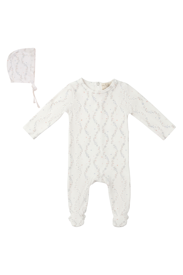 Girl Vine Print Footed Romper with Bonnet, Main, color, Ivory