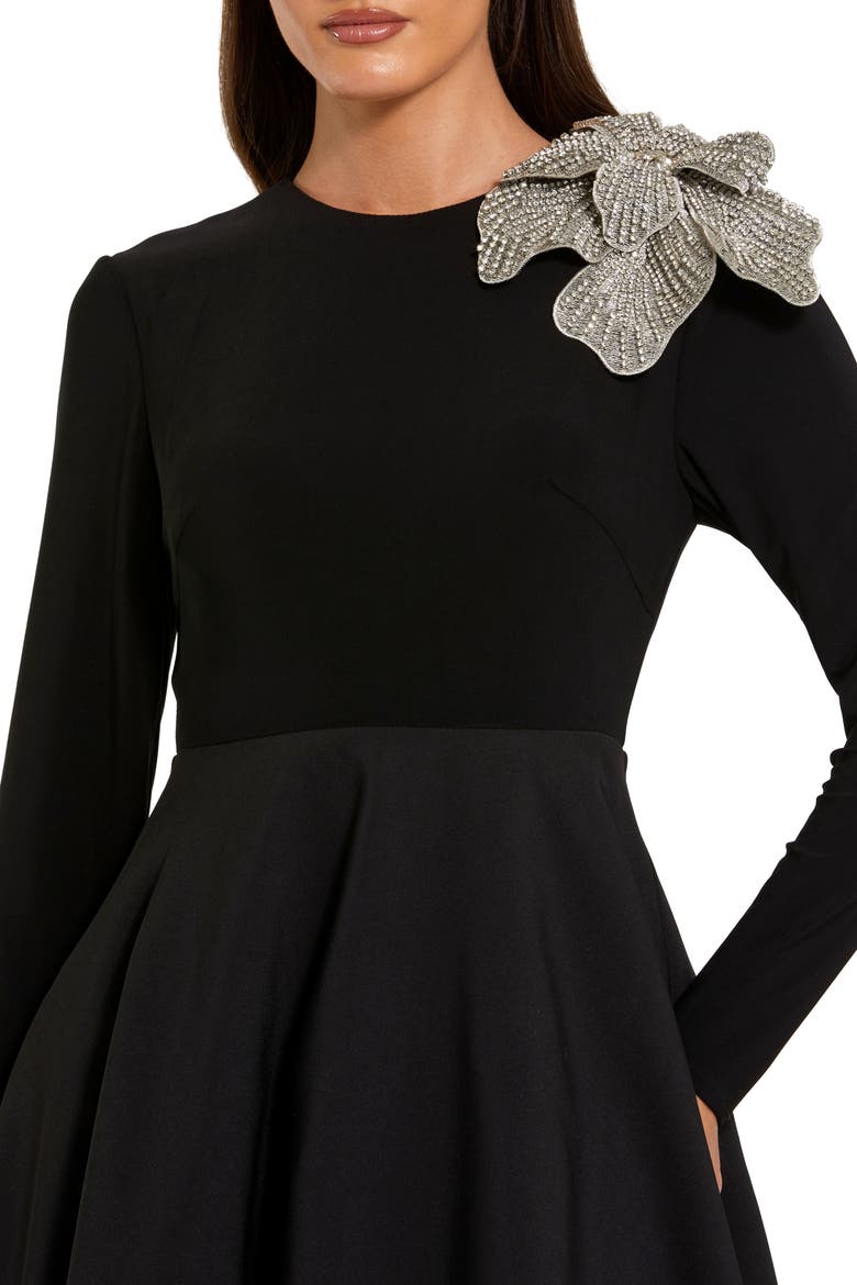 Petite Long Sleeve Taffeta 3D Flower Ball Gown, Alternate, color, Black