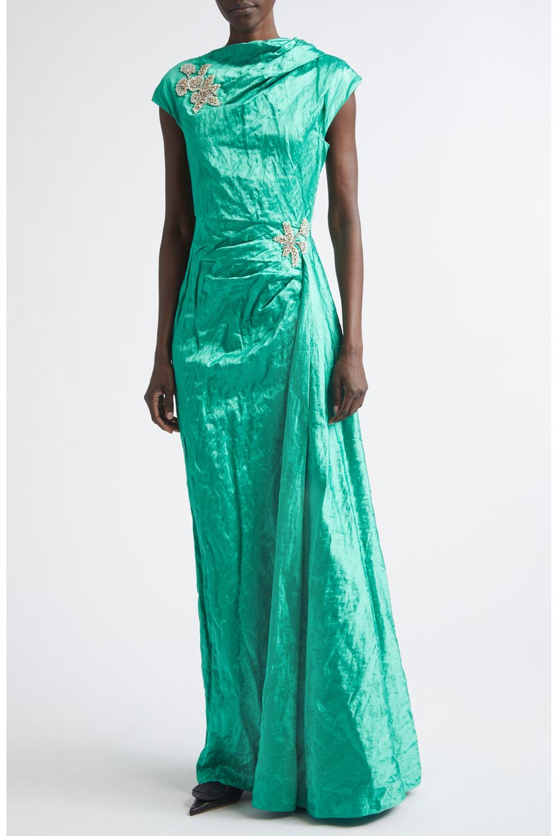 Embellished Asymmetric Crushed Satin Gown, Main, color, SEA GREEN
