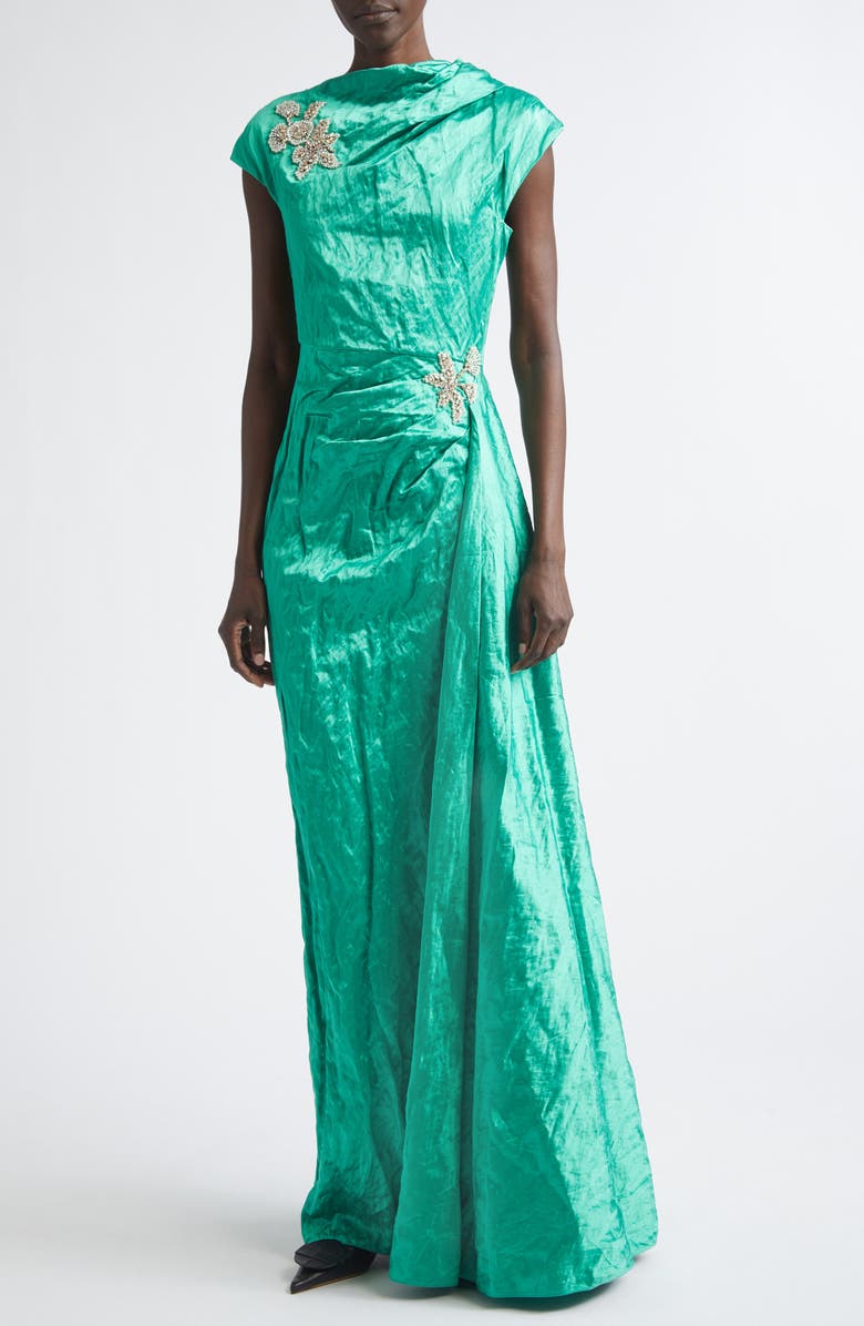 Erdem Embellished Asymmetric Crushed Satin Gown, Main, color, Sea Green