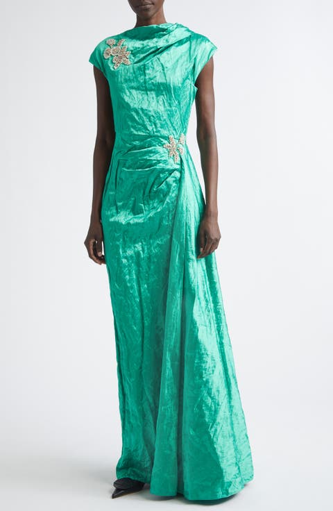 Embellished Asymmetric Crushed Satin Gown