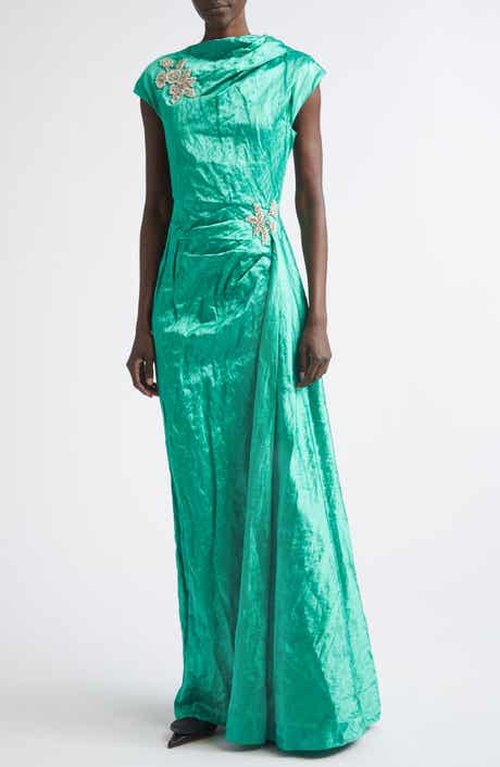 Embellished Asymmetric Crushed Satin Gown