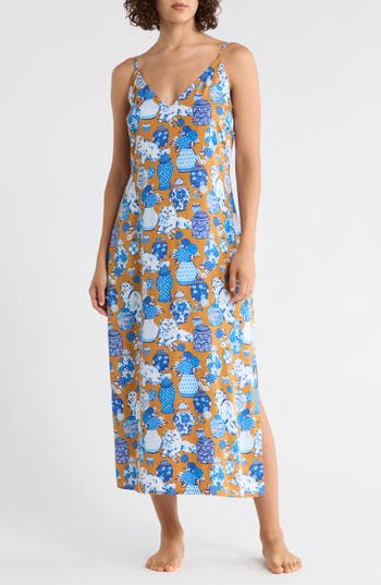 Printfresh Chic To Sleep Satin Nightgown In Brown