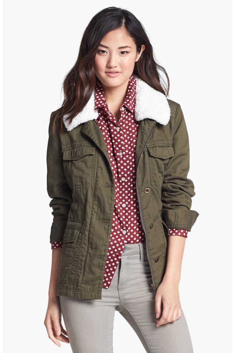 Removable Faux Shearling Collar Utility Jacket, Main, color, OLIVE TUSCAN
