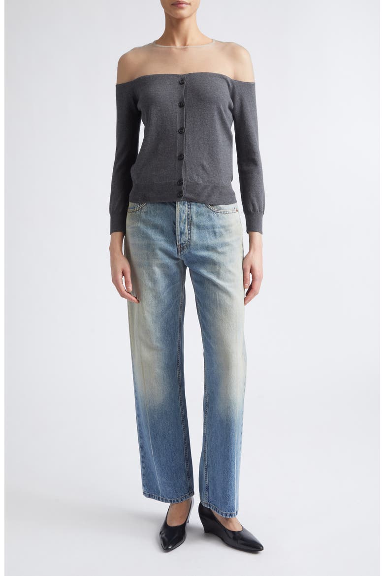 Sheer Yoke Cotton & Nylon Cardigan, Alternate, color, DARK GREY MELANGE