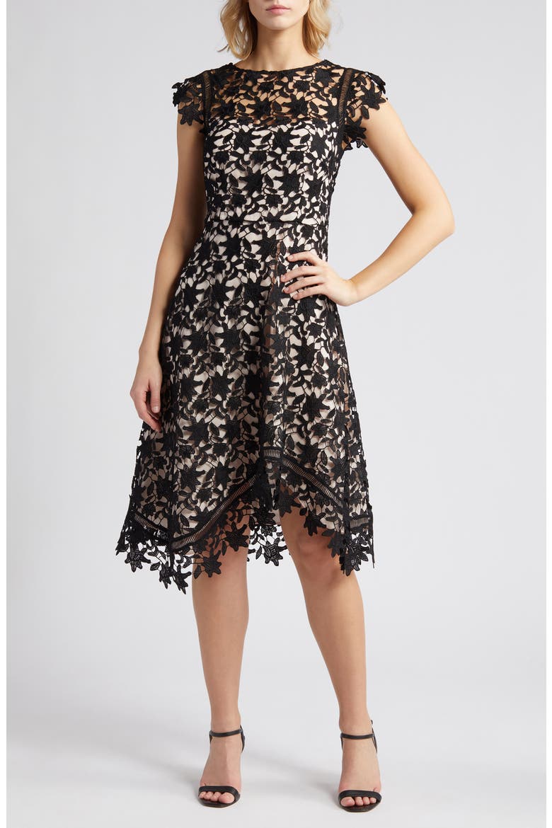 Lace Asymmetric Cocktail Dress, Main, color, BLK NATURA