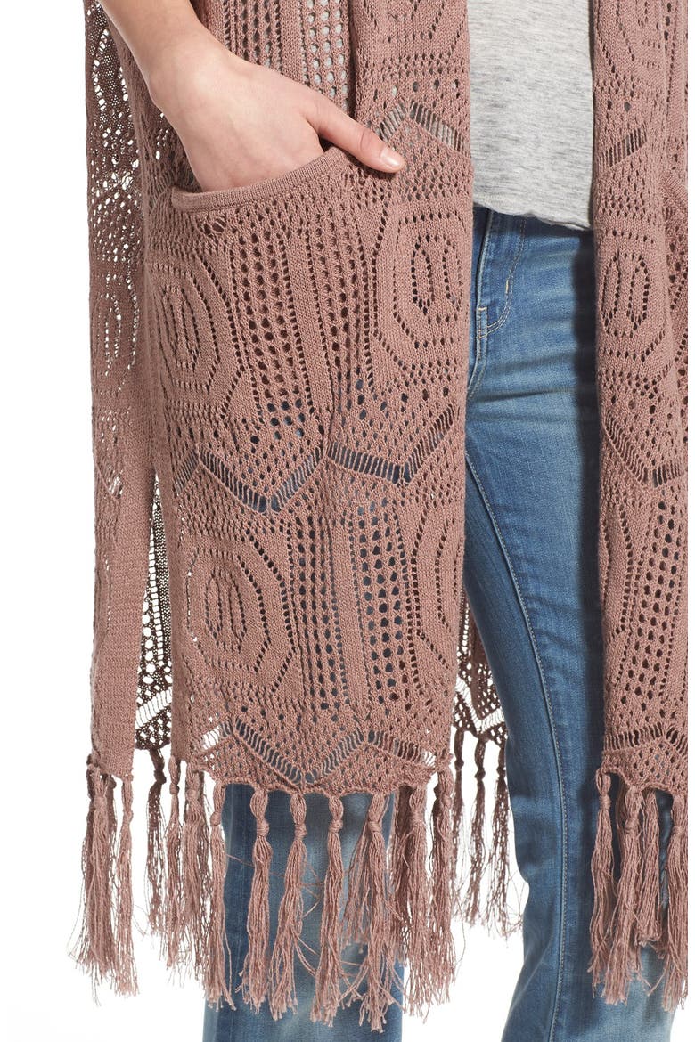 Open Knit Fringe Long Cardigan, Alternate, color, TAN ANTLER