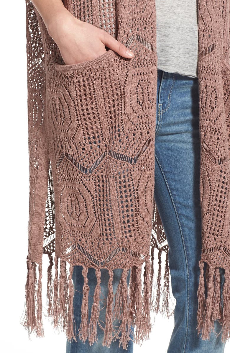 Hinge Open Knit Fringe Long Cardigan, Alternate, color, 