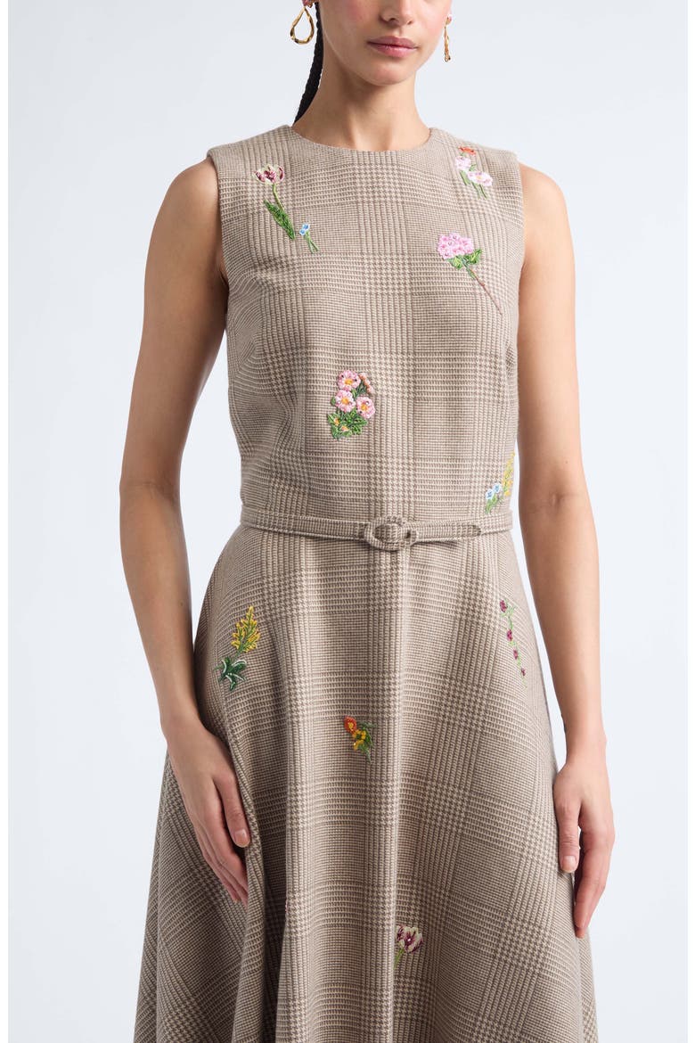 Embroidered Sleeveless Glen Plaid Wool Blend Dress, Alternate, color, TAUPE
