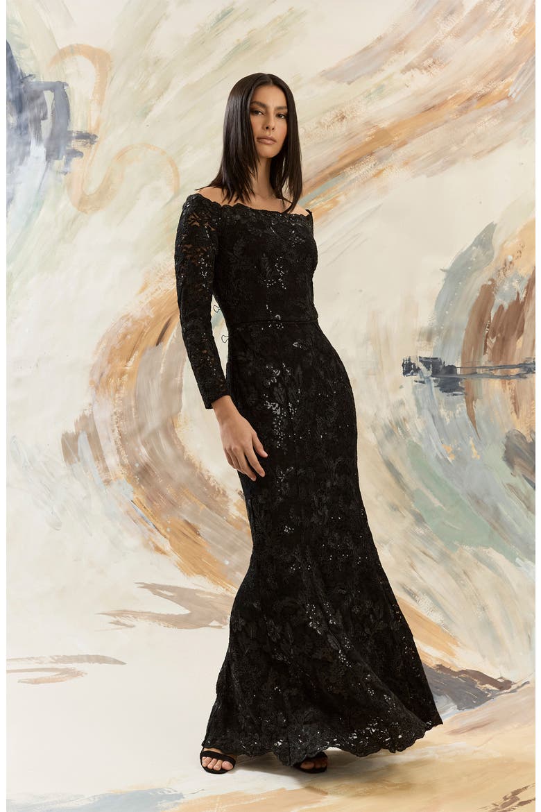 Embellished Off the Shoulder Long Sleeve Gown, Alternate, color, BLACK