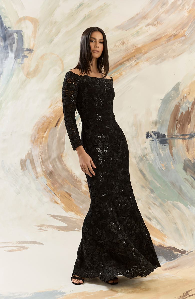 Maggy London Embellished Off the Shoulder Long Sleeve Gown, Alternate, color, Black
