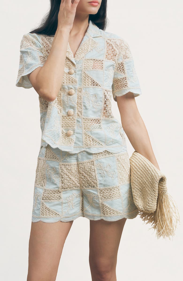 MAUDE CLUB Milo Lace & Floral Appliqué Shorts, Alternate, color, Green Beige Multi