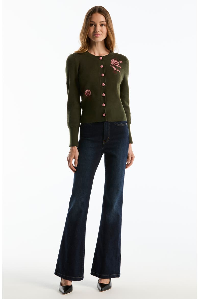 Floral Crewneck Cardigan, Alternate, color, OLIVE NIGHT