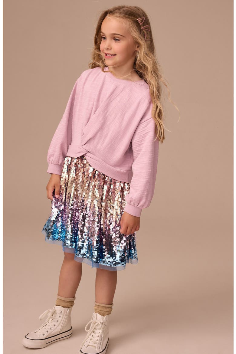 Kids' Mixed Media Long Sleeve Twist Front Sequin Dress, Alternate, color, PINK
