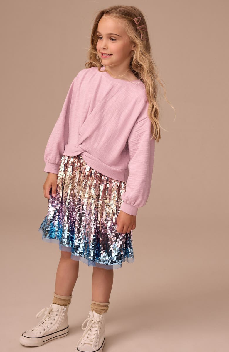 NEXT Kids' Mixed Media Long Sleeve Twist Front Sequin Dress, Alternate, color, Pink