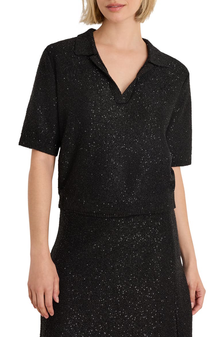 Anytime Sequin Polo Sweater, Main, color, BLACK ONYX