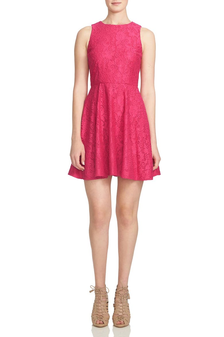 Lace Fit & Flare Dress, Main, color, ROSADO