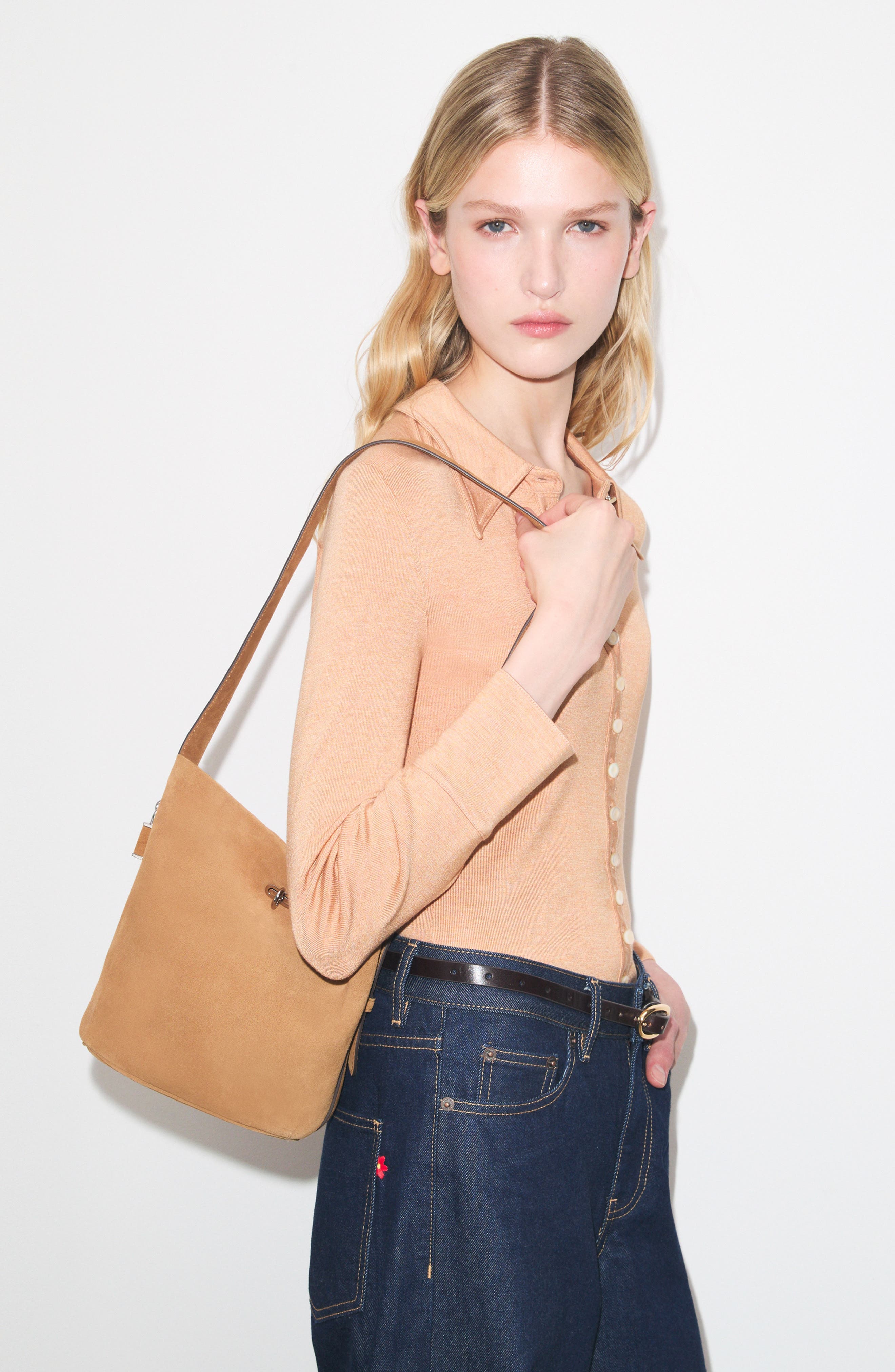 Lock Medium Slim Suede Bucket Bag, Alternate, color, TOFFEE
