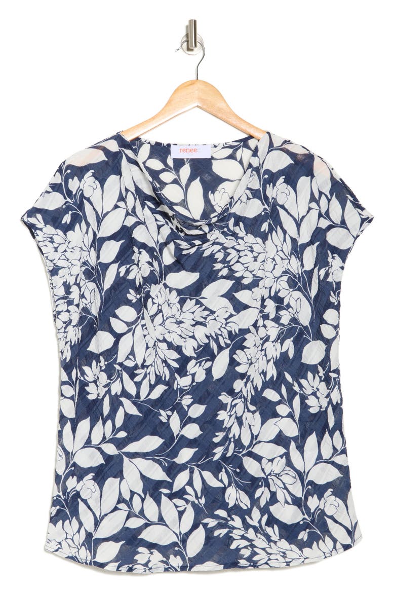 Floral Cowl Neck Top, Alternate, color, NAVY/ WHITE