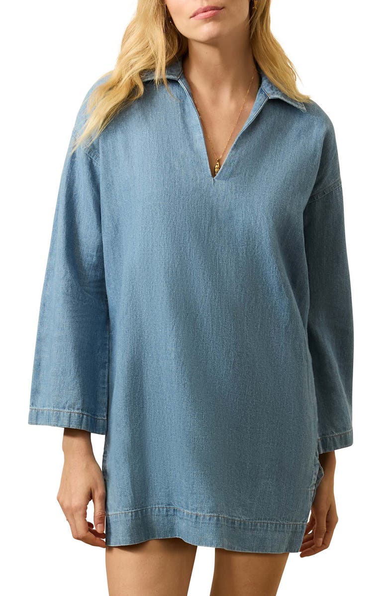 Faherty Sail Away Long Sleeve Organic Cotton & Linen Denim Mini Shirtdress, Alternate, color, Bluecrest Wash