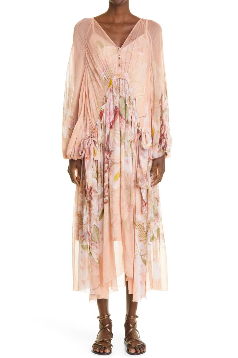 Zimmerman Dancer Drawn Floral Print Long Sleeve Midi Dress, Main, color, BLUSH GARDEN FLORAL