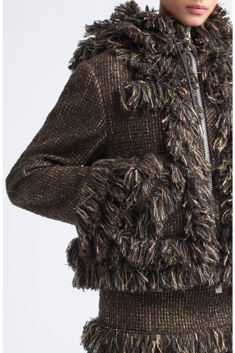 Fringe Wool Blend Tweed Hooded Jacket, Alternate, color, BROWN