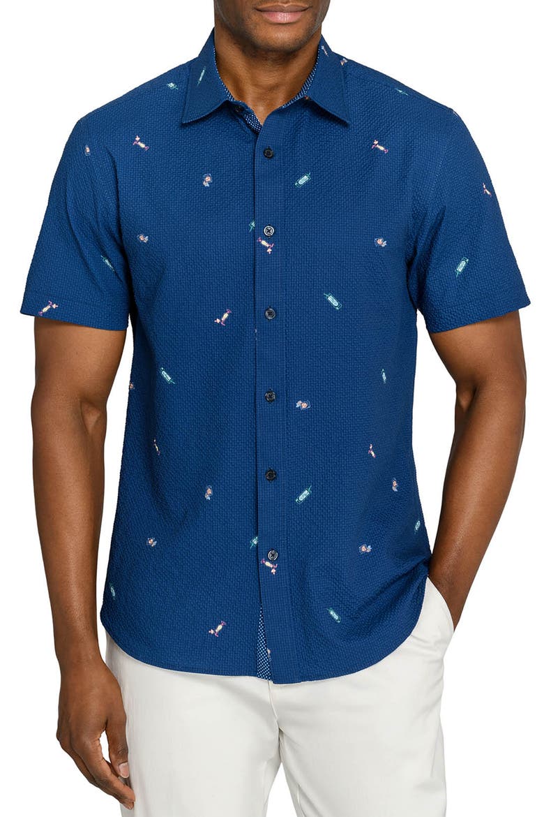 Slim Fit Tropical Drinks Woven Short Sleeve Seersucker, Main, color, NAVY/GREEN