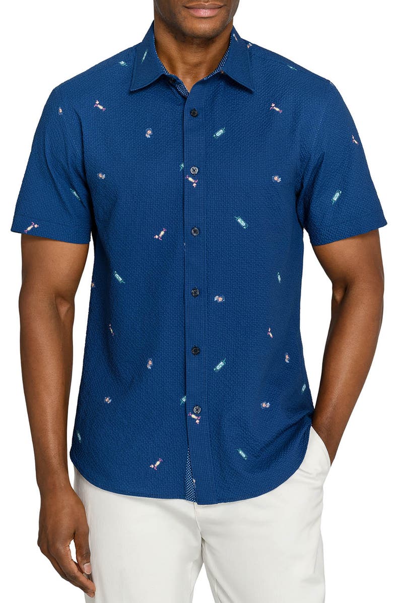 CONSTRUCT Slim Fit Tropical Drinks Woven Short Sleeve Seersucker, Main, color, Navy/Green