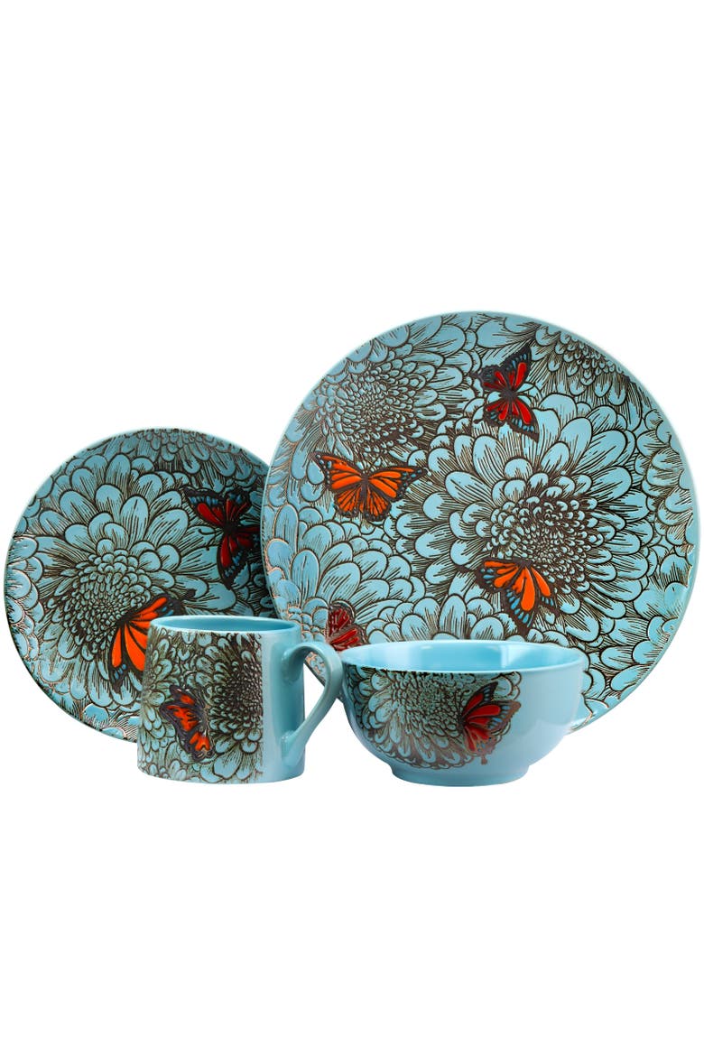 Butterfly Garden 16 Piece Stoneware Dinnerware Set, Alternate, color, Blue