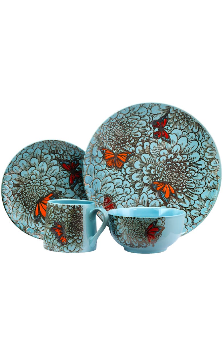 Elama Butterfly Garden 16 Piece Stoneware Dinnerware Set, Alternate, color, Blue