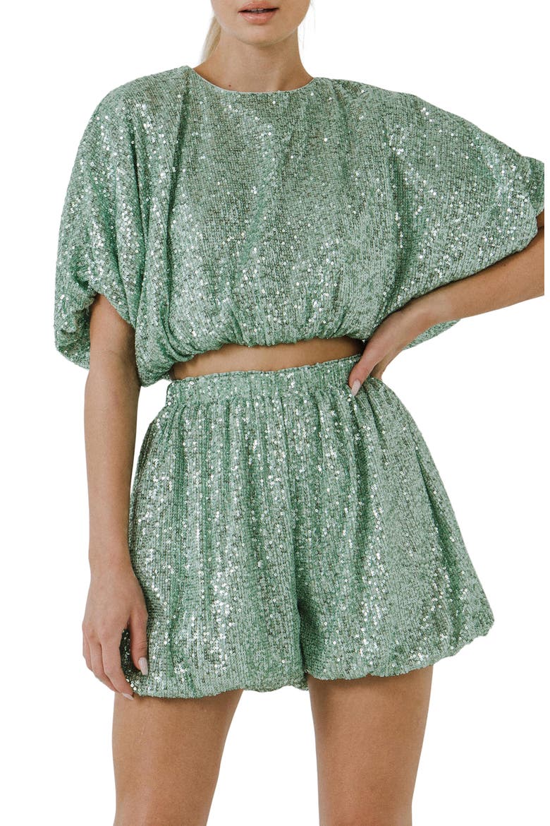 Sequin Puff Crop Top, Alternate, color, GREEN