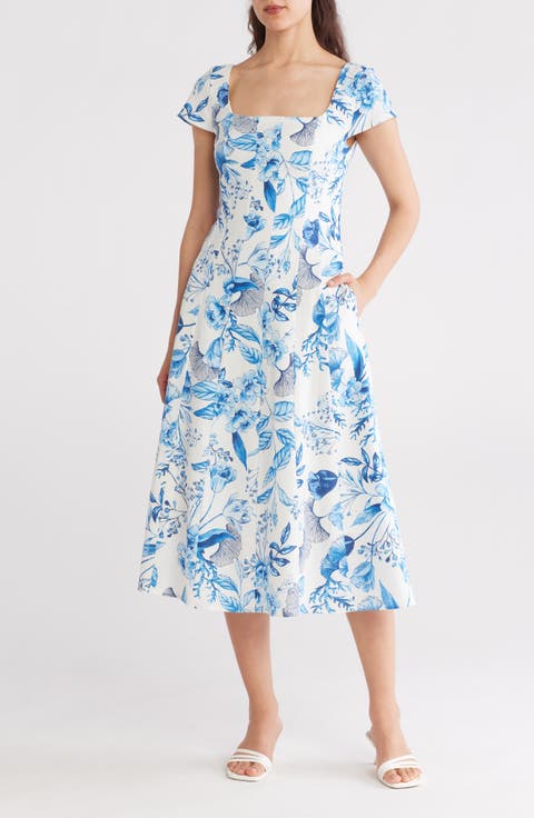 Floral Linen Blend Fit & Flare Dress