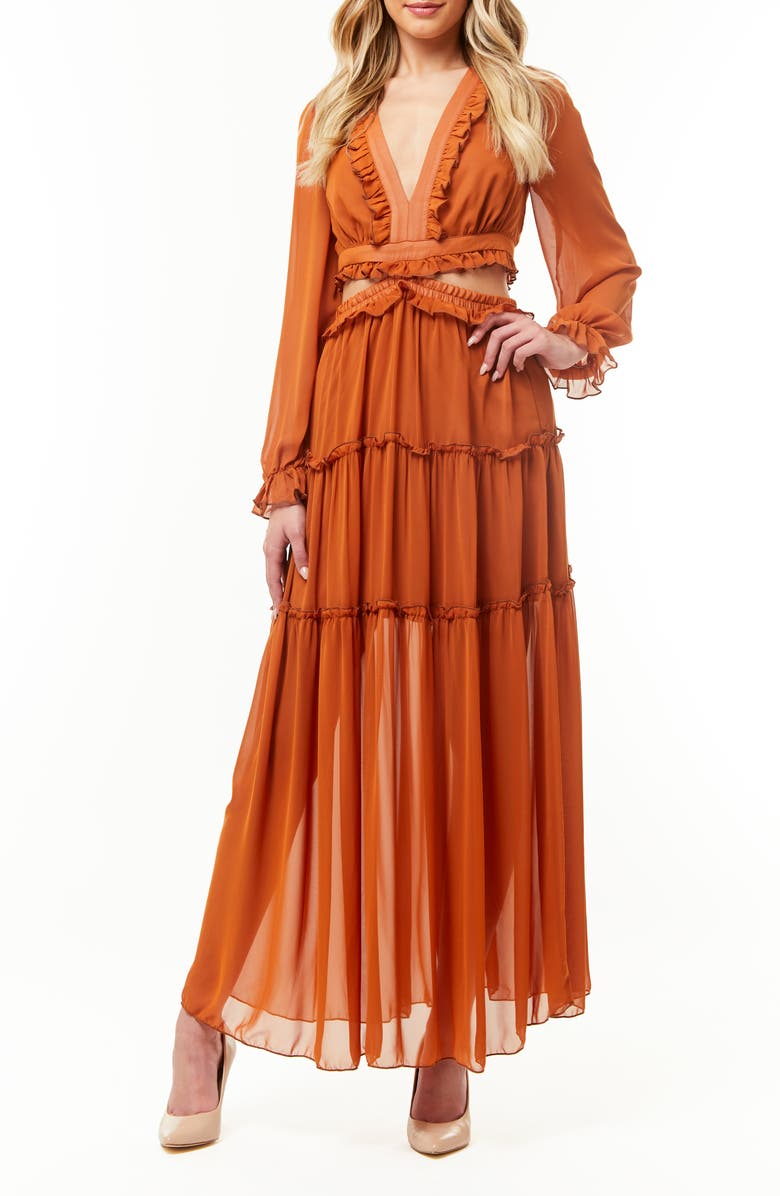 BY DESIGN France Long Sleeve Chiffon Maxi Dress, Main, color, Praline Leather Brown
