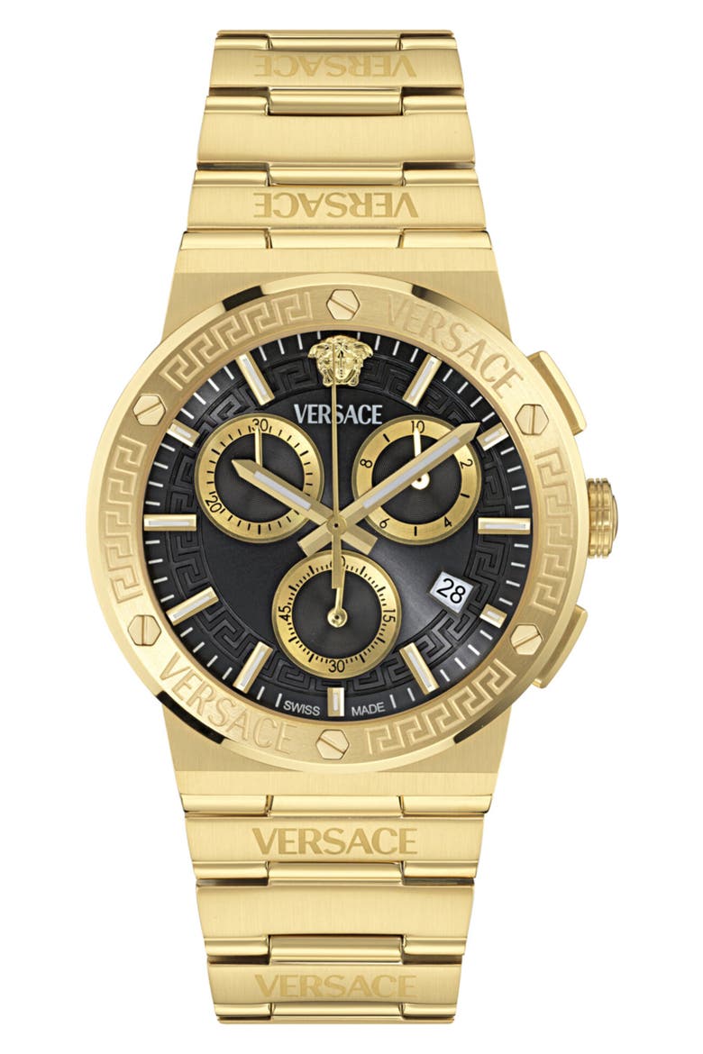Greca Logo Chronograph Bracelet Watch, 40mm, Main, color, IP YELLOW GOLD/ BLACK