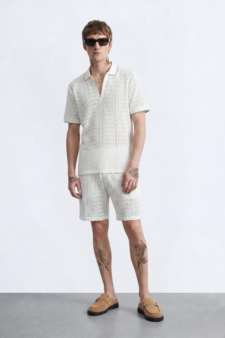 Oscar Tipped Crochet Cotton Polo Shirt, Alternate, color, Cream