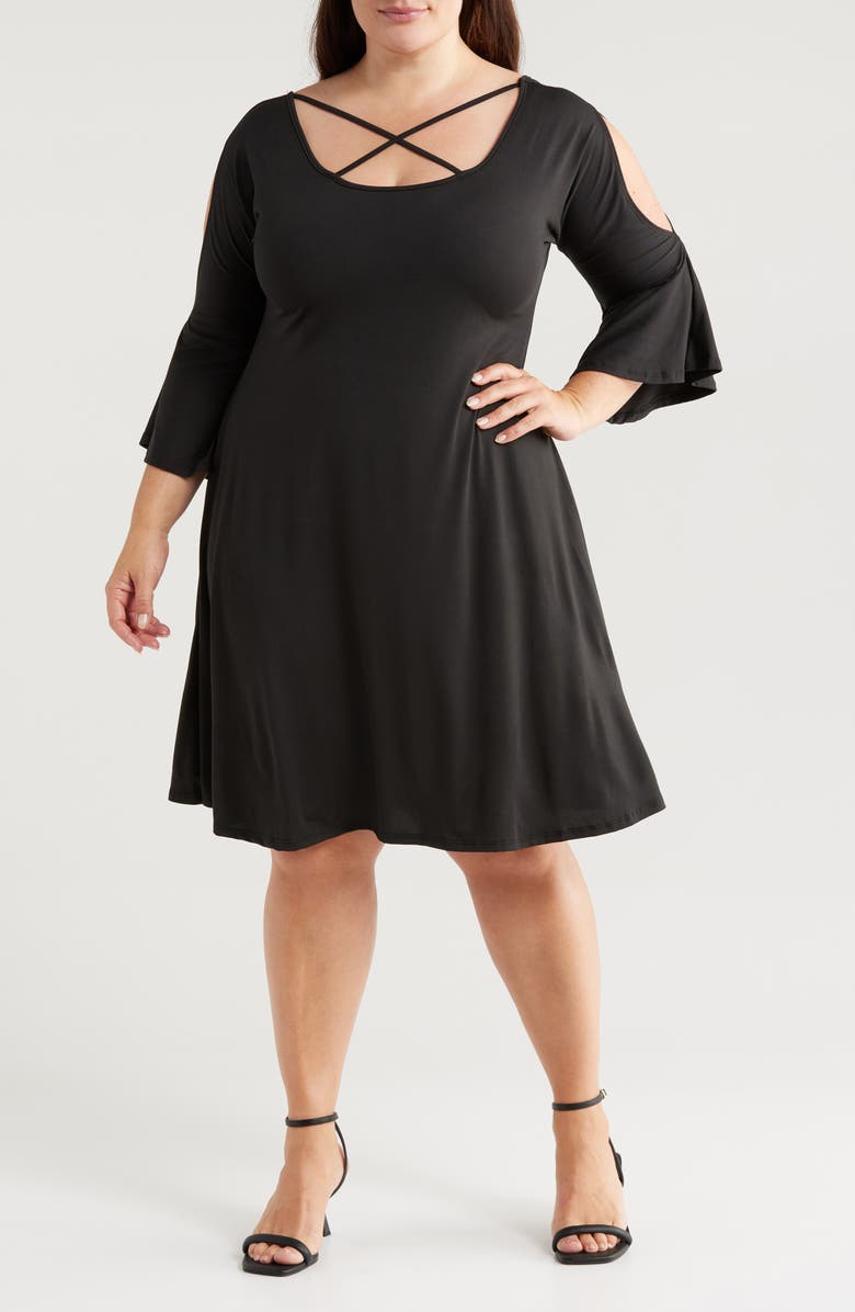 24seven Comfort Apparel Crisscross Scoop Neck Cold Shoulder Dress, Main, color, Black
