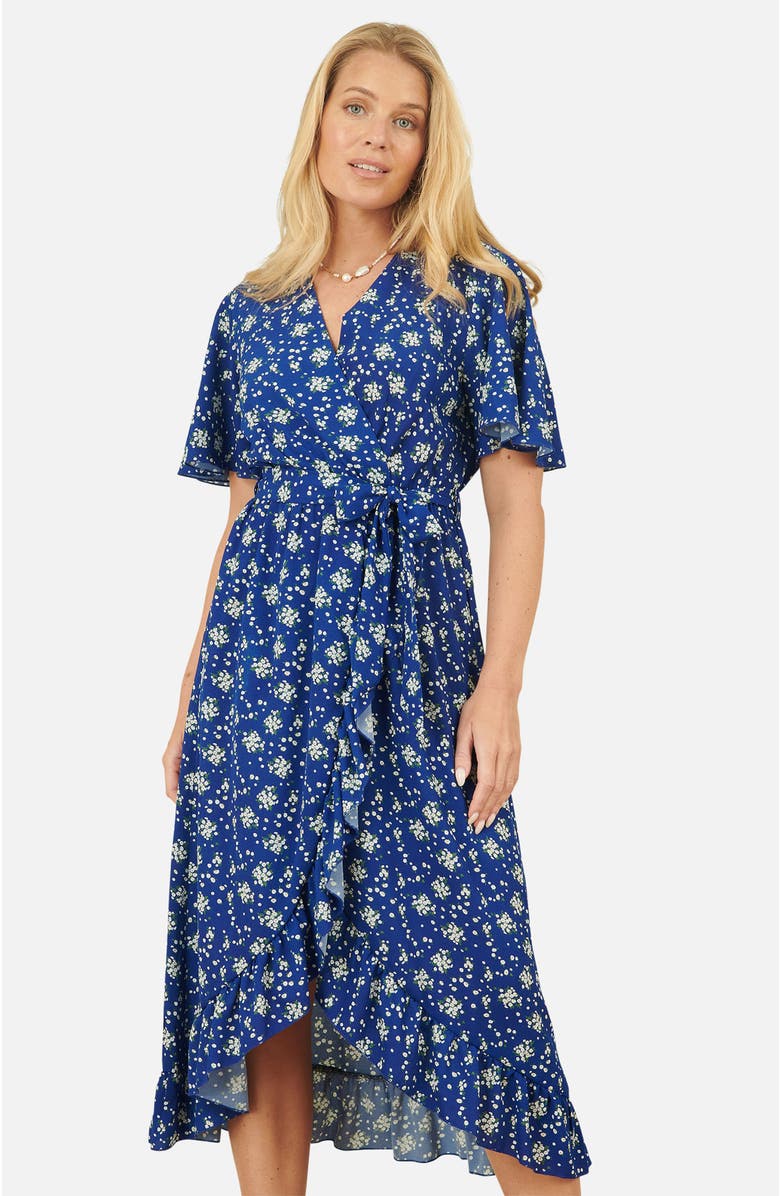 Yumi Frilled-Hem Wrap Midi Dress, Alternate, color, Blue