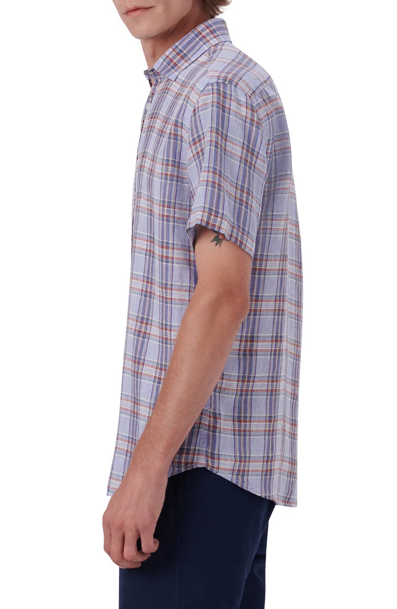 Bugatchi Plaid Short Sleeve Linen Button-Up Shirt, Alternate, color,
