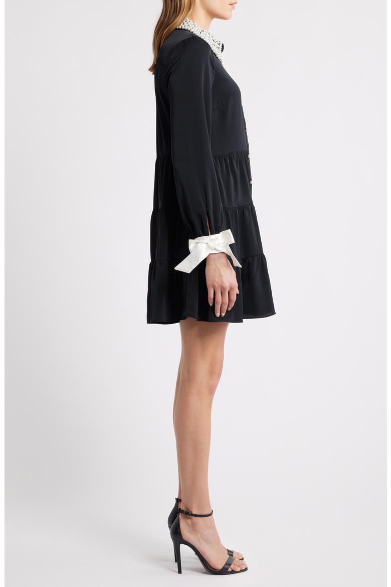 Beaded Collar Bow Long Sleeve Shirtdress, Alternate, color, RICH BLACK