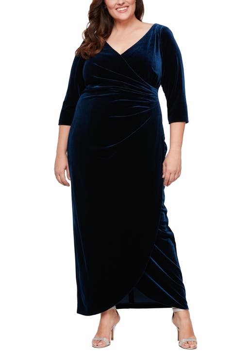Surplice Neck Velvet Dress (Plus)