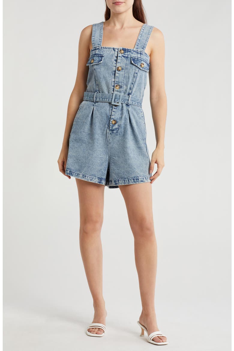 Belted Denim Romper, Main, color, MEDIUM WASH