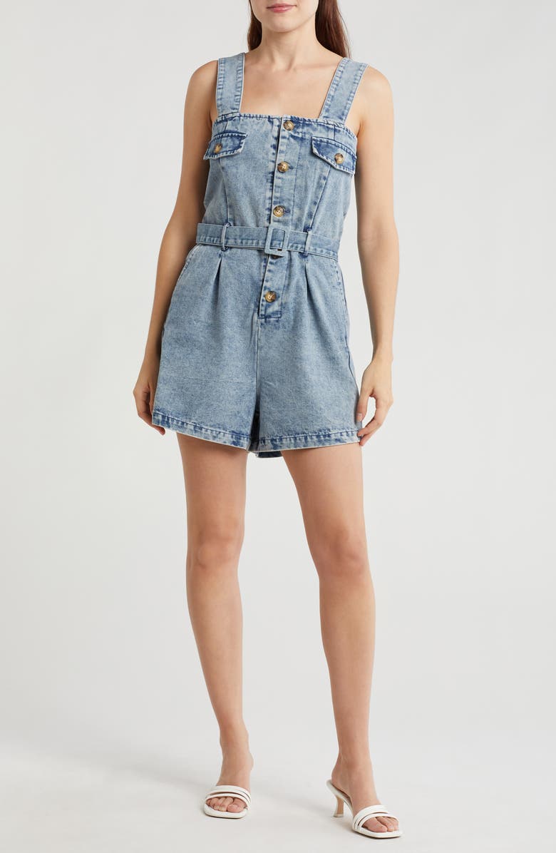 Vigoss Belted Denim Romper, Main, color, Medium Wash