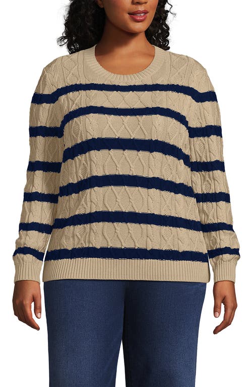 Lands' End Plus Size Aran Cable Crew Neck Sweater In Champagne/deep Sea Gulf Stripe