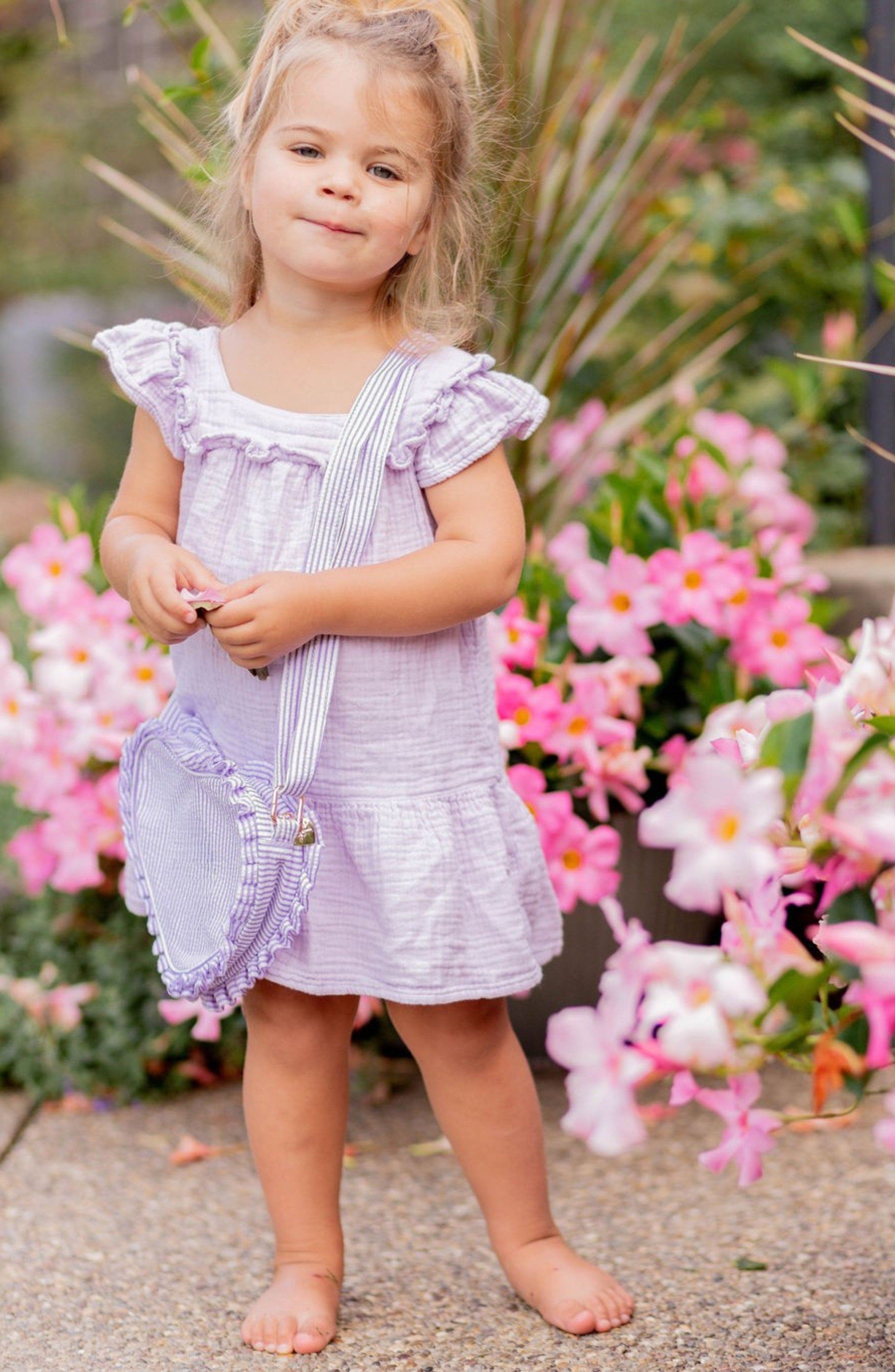 Bits & Bows Seersucker Ruffle Girls' Heart Purse, Alternate, color, Lavender/White