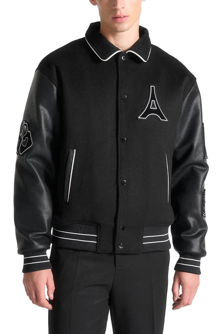 Oscar Mona Lisa Wool Blend Varsity Jacket, Main, color, Black