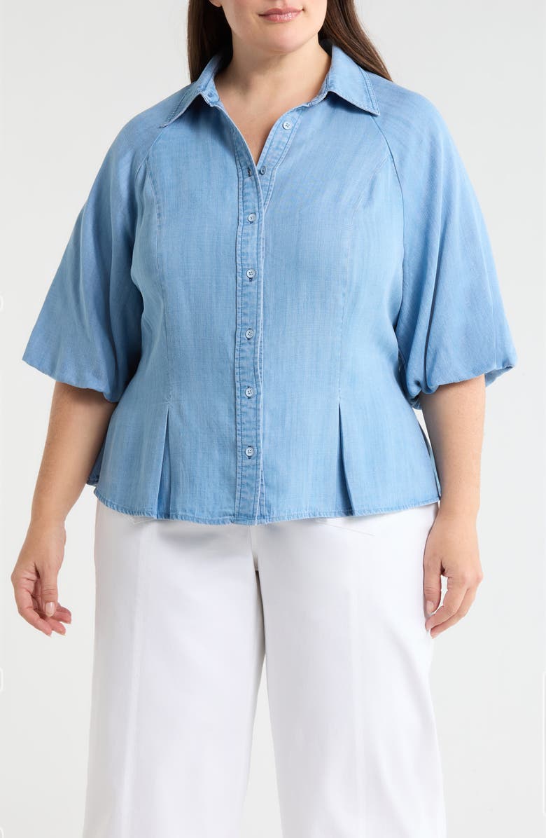 Wit & Wisdom Bubble Sleeve Flare Button-Up Chambray Top, Main, color, Light Blue