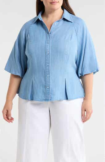 Bubble Sleeve Flare Button-Up Chambray Top